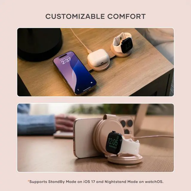 Alt view image 5 of 7 - Satechi OntheGo 3 in 1 Wireless Charger, Qi2 Portable Charger with 15W Fast Charging for iPhone, 5W for Apple Watch, and 5W for AirPods, Magnetic Travel Charging Station  Desert Rose