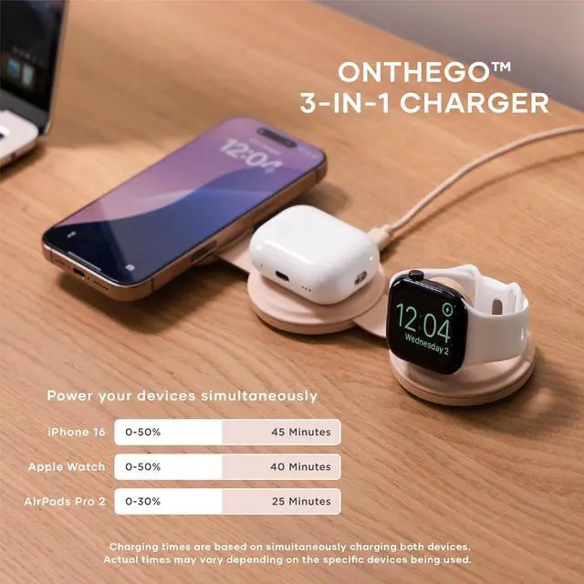 Alt view image 3 of 7 - Satechi OntheGo 3 in 1 Wireless Charger, Qi2 Portable Charger with 15W Fast Charging for iPhone, 5W for Apple Watch, and 5W for AirPods, Magnetic Travel Charging Station  Desert Rose