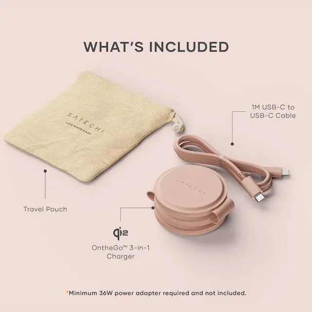 Alt view image 7 of 7 - Satechi OntheGo 3 in 1 Wireless Charger, Qi2 Portable Charger with 15W Fast Charging for iPhone, 5W for Apple Watch, and 5W for AirPods, Magnetic Travel Charging Station  Desert Rose