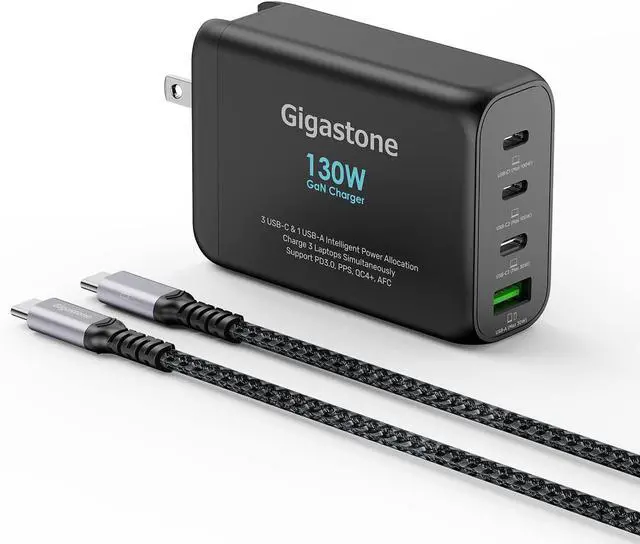 Main image of Gigastone 130W USB C Charger + 100W USB C Cable GaN Power Pro PPS Multiple Port Intelligent Power Allocation Foldable Plug Travel GaN Charger iPhone 15/14 MacBook Dell XPS iPad Galaxy S23/S22