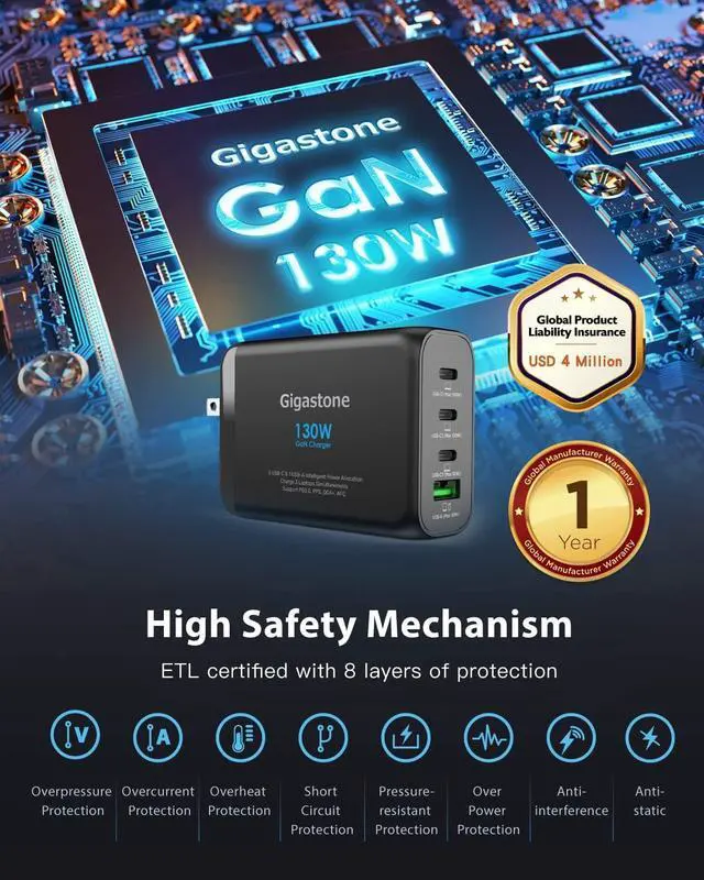 Alt view image 2 of 6 - Gigastone 130W USB C Charger + 100W USB C Cable GaN Power Pro PPS Multiple Port Intelligent Power Allocation Foldable Plug Travel GaN Charger iPhone 15/14 MacBook Dell XPS iPad Galaxy S23/S22