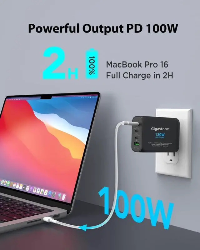 Alt view image 5 of 6 - Gigastone 130W USB C Charger + 100W USB C Cable GaN Power Pro PPS Multiple Port Intelligent Power Allocation Foldable Plug Travel GaN Charger iPhone 15/14 MacBook Dell XPS iPad Galaxy S23/S22