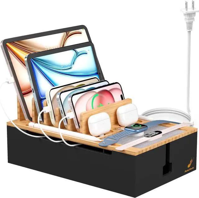 Main image of Pezin & Hulin Bamboo Charing Station, Multi Charger Organizer Phone Docking Station, Large Wire Storage Box and Organizers for Cords Hider (Include 10-Port USB Charger and 6 Cables) -Natural+Black