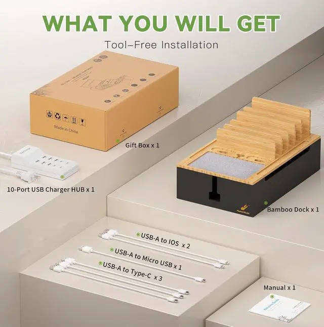 Alt view image 2 of 7 - Pezin & Hulin Bamboo Charing Station, Multi Charger Organizer Phone Docking Station, Large Wire Storage Box and Organizers for Cords Hider (Include 10-Port USB Charger and 6 Cables) -Natural+Black