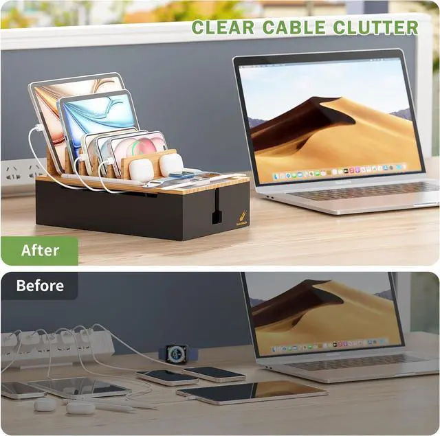 Alt view image 3 of 7 - Pezin & Hulin Bamboo Charing Station, Multi Charger Organizer Phone Docking Station, Large Wire Storage Box and Organizers for Cords Hider (Include 10-Port USB Charger and 6 Cables) -Natural+Black