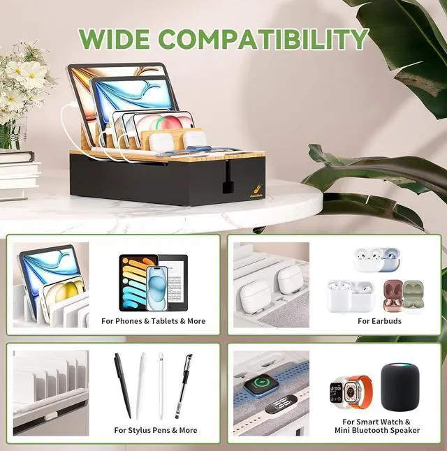 Alt view image 4 of 7 - Pezin & Hulin Bamboo Charing Station, Multi Charger Organizer Phone Docking Station, Large Wire Storage Box and Organizers for Cords Hider (Include 10-Port USB Charger and 6 Cables) -Natural+Black