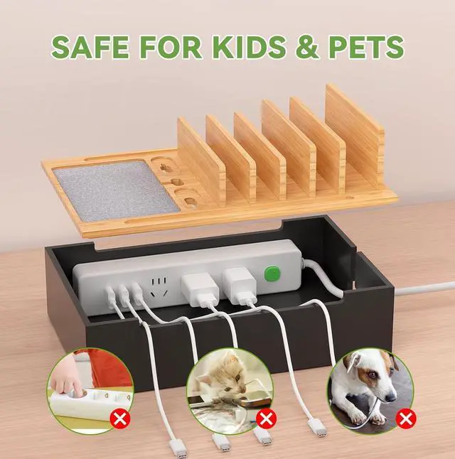 Alt view image 5 of 7 - Pezin & Hulin Bamboo Charing Station, Multi Charger Organizer Phone Docking Station, Large Wire Storage Box and Organizers for Cords Hider (Include 10-Port USB Charger and 6 Cables) -Natural+Black