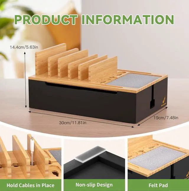 Alt view image 7 of 7 - Pezin & Hulin Bamboo Charing Station, Multi Charger Organizer Phone Docking Station, Large Wire Storage Box and Organizers for Cords Hider (Include 10-Port USB Charger and 6 Cables) -Natural+Black