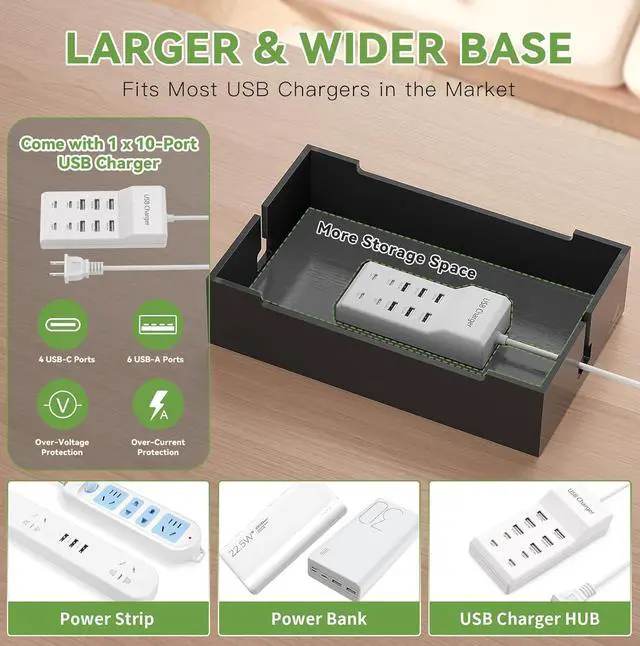 Alt view image 6 of 7 - Pezin & Hulin Bamboo Charing Station, Multi Charger Organizer Phone Docking Station, Large Wire Storage Box and Organizers for Cords Hider (Include 10-Port USB Charger and 6 Cables) -Natural+Black