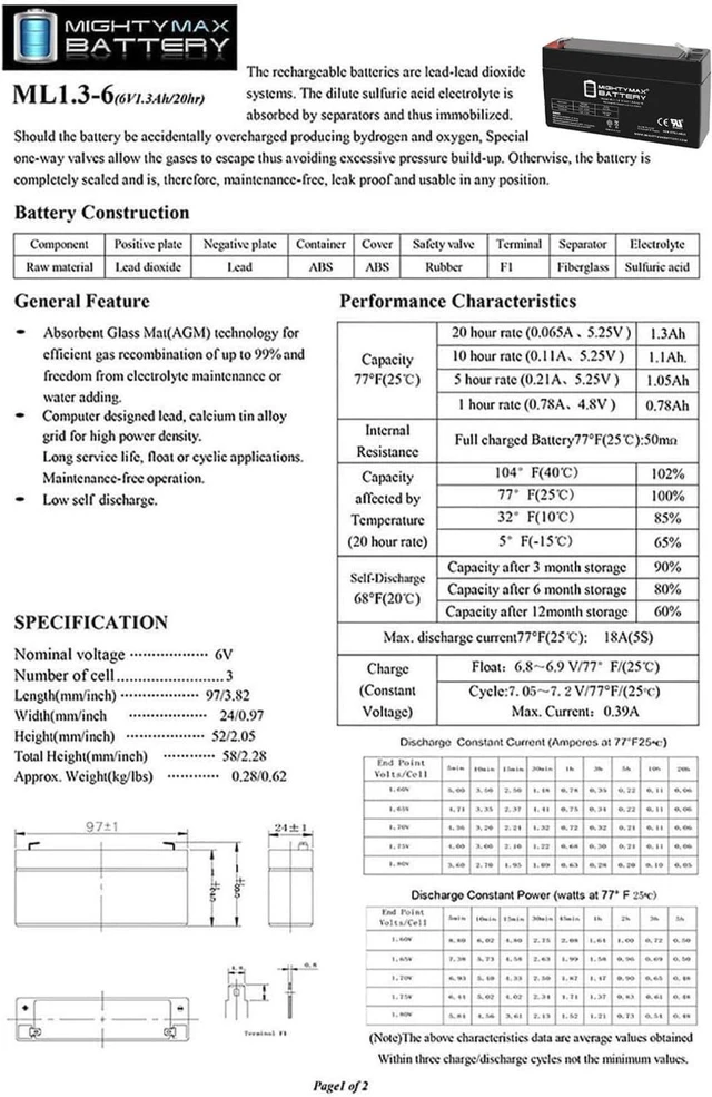 Alt view image 6 of 7 - Mighty Max Battery ML1.3-6 6V 1.3AH SLA Battery F1 Terminal - Pack of 6