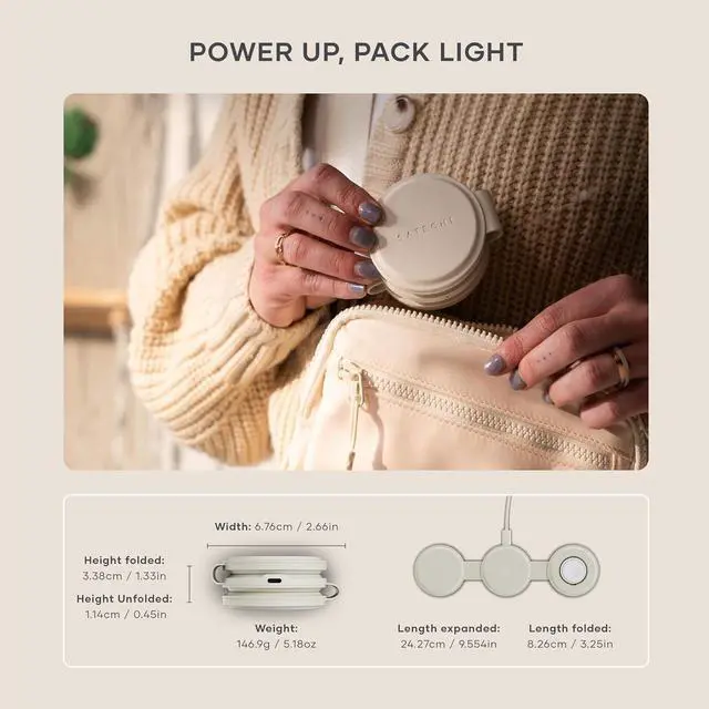 Alt view image 4 of 7 - Satechi OntheGo 3 in 1 Wireless Charger, Qi2 Portable Charger with 15W Fast Charging for iPhone, 5W for Apple Watch, and 5W for AirPods, Magnetic Travel Charging Station  Sand