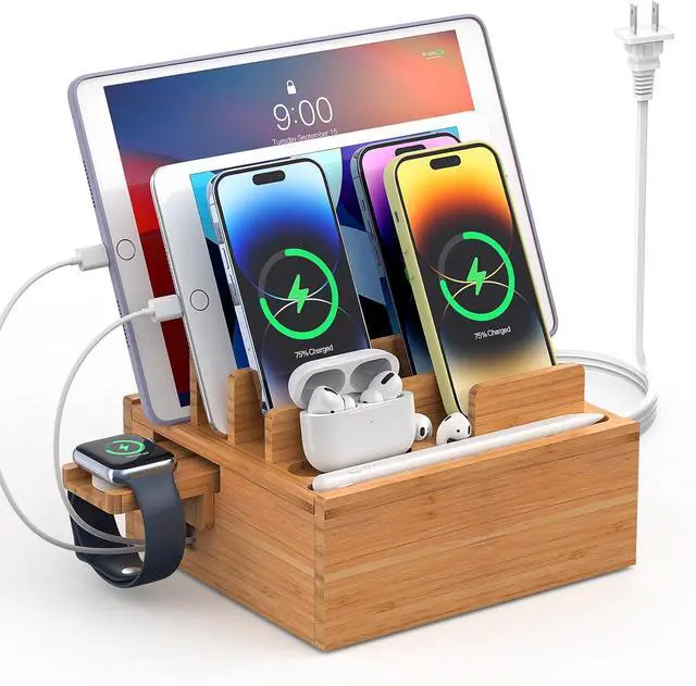 Main image of Pezin & Hulin Bamboo Charging Station with Multi Ports HUB, Desktop Charger Block, Compatible with Tablet, Cell Phone, Earbuds, Smartwatch, and More
