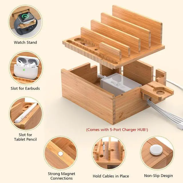 Alt view image 2 of 7 - Pezin & Hulin Bamboo Charging Station with Multi Ports HUB, Desktop Charger Block, Compatible with Tablet, Cell Phone, Earbuds, Smartwatch, and More