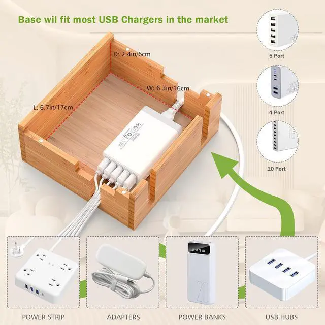 Alt view image 5 of 7 - Pezin & Hulin Bamboo Charging Station with Multi Ports HUB, Desktop Charger Block, Compatible with Tablet, Cell Phone, Earbuds, Smartwatch, and More