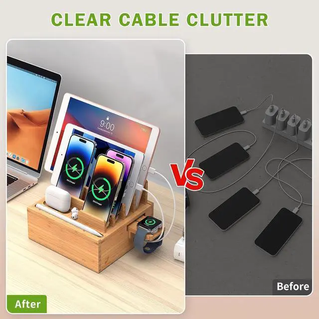 Alt view image 6 of 7 - Pezin & Hulin Bamboo Charging Station with Multi Ports HUB, Desktop Charger Block, Compatible with Tablet, Cell Phone, Earbuds, Smartwatch, and More