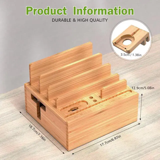 Alt view image 7 of 7 - Pezin & Hulin Bamboo Charging Station with Multi Ports HUB, Desktop Charger Block, Compatible with Tablet, Cell Phone, Earbuds, Smartwatch, and More