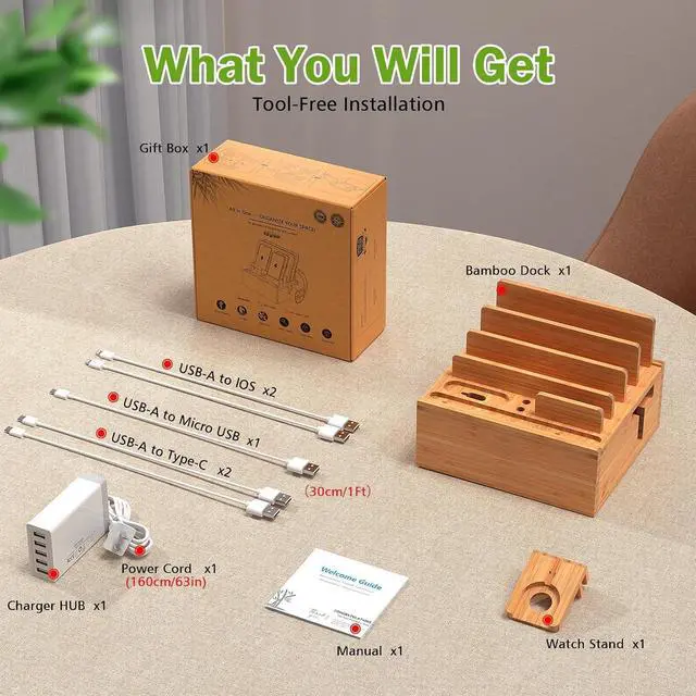 Alt view image 4 of 7 - Pezin & Hulin Bamboo Charging Station with Multi Ports HUB, Desktop Charger Block, Compatible with Tablet, Cell Phone, Earbuds, Smartwatch, and More