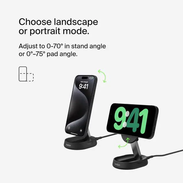 Alt view image 4 of 7 - Belkin Convertible Magnetic Charging Stand 15W - MagSafe-Compatible Qi2-Certified Wireless Charging Station, iPhone Charger for Apple iPhone 16 Series, Airpods Pro, & More, No PSU - Black (2-Pack)