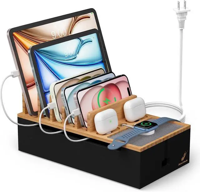 Main image of Cable Management Box, Docking Station for Multi Devices, with 5 Ports Charge Adapter and 6 Cables, Wire Organizer for Cords, Bamboo Box to Hide Cords and Storage Power Strip -Natural + Black