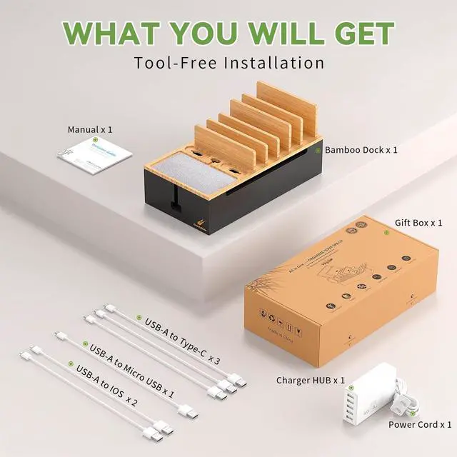 Alt view image 2 of 7 - Cable Management Box, Docking Station for Multi Devices, with 5 Ports Charge Adapter and 6 Cables, Wire Organizer for Cords, Bamboo Box to Hide Cords and Storage Power Strip -Natural + Black