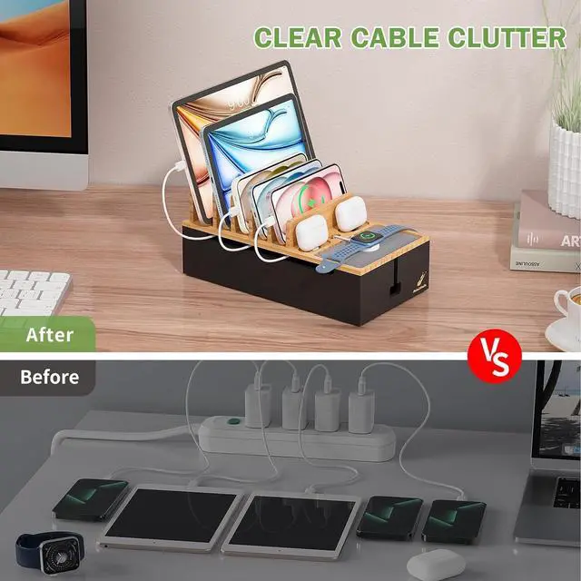 Alt view image 3 of 7 - Cable Management Box, Docking Station for Multi Devices, with 5 Ports Charge Adapter and 6 Cables, Wire Organizer for Cords, Bamboo Box to Hide Cords and Storage Power Strip -Natural + Black