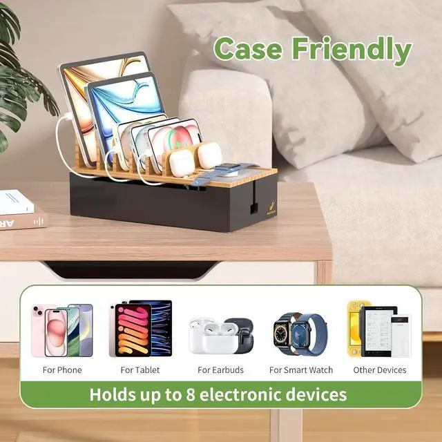 Alt view image 4 of 7 - Cable Management Box, Docking Station for Multi Devices, with 5 Ports Charge Adapter and 6 Cables, Wire Organizer for Cords, Bamboo Box to Hide Cords and Storage Power Strip -Natural + Black