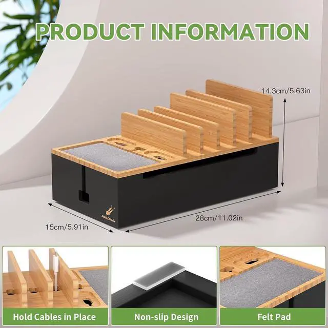 Alt view image 5 of 7 - Cable Management Box, Docking Station for Multi Devices, with 5 Ports Charge Adapter and 6 Cables, Wire Organizer for Cords, Bamboo Box to Hide Cords and Storage Power Strip -Natural + Black