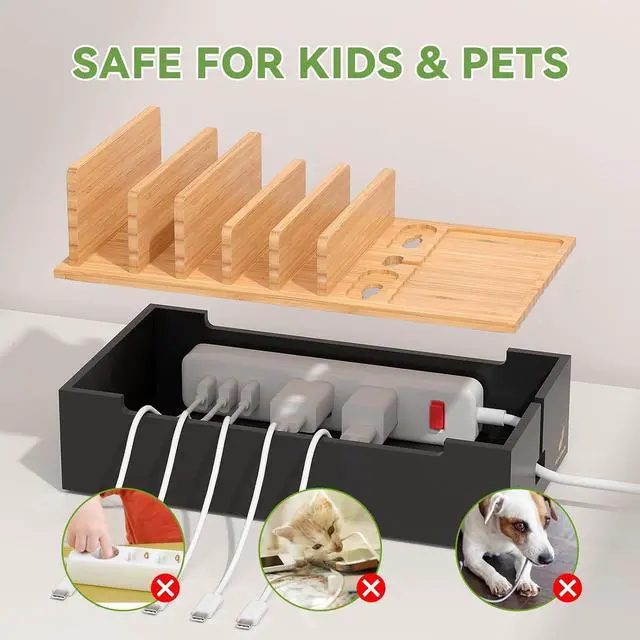 Alt view image 6 of 7 - Cable Management Box, Docking Station for Multi Devices, with 5 Ports Charge Adapter and 6 Cables, Wire Organizer for Cords, Bamboo Box to Hide Cords and Storage Power Strip -Natural + Black
