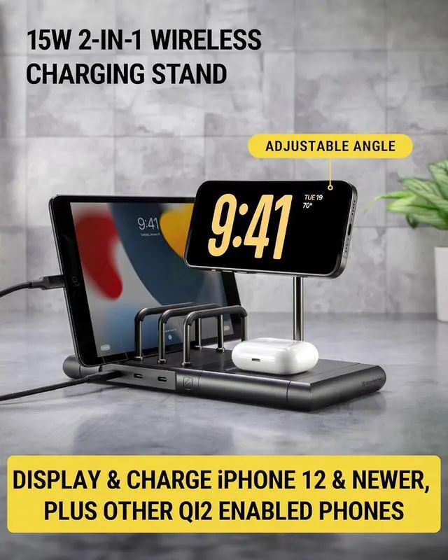 Alt view image 3 of 7 - Scosche BaseLynx 2.0 Modular Charging Station with Qi2 15W Wireless Charger Stand, 5W Charging Pad for AirPods Pro, 60W USB-C Multi Device Phone Charger Compatible with Apple iPhone, MagSafe, Samsung