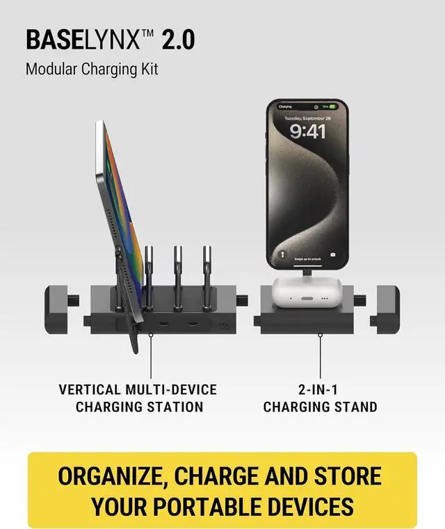 Alt view image 2 of 7 - Scosche BaseLynx 2.0 Modular Charging Station with Qi2 15W Wireless Charger Stand, 5W Charging Pad for AirPods Pro, 60W USB-C Multi Device Phone Charger Compatible with Apple iPhone, MagSafe, Samsung