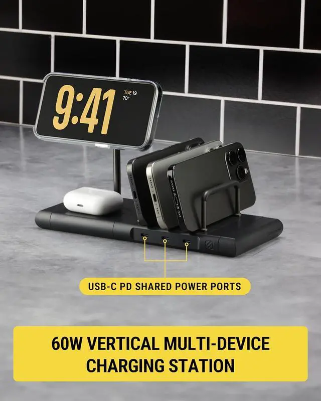 Alt view image 4 of 7 - Scosche BaseLynx 2.0 Modular Charging Station with Qi2 15W Wireless Charger Stand, 5W Charging Pad for AirPods Pro, 60W USB-C Multi Device Phone Charger Compatible with Apple iPhone, MagSafe, Samsung