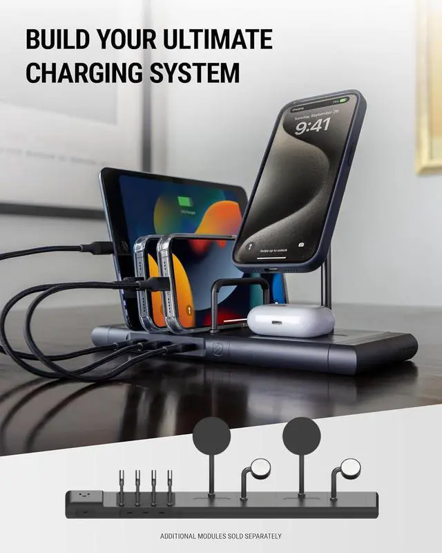 Alt view image 6 of 7 - Scosche BaseLynx 2.0 Modular Charging Station with Qi2 15W Wireless Charger Stand, 5W Charging Pad for AirPods Pro, 60W USB-C Multi Device Phone Charger Compatible with Apple iPhone, MagSafe, Samsung