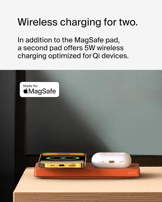 Alt view image 3 of 7 - Belkin MagSafe-Compatible 2-in-1 Wireless Charger 15W, Fast Charging Station for iPhone 16, 15, 14, 13 Series, AirPods, and More - Dual Device Charging Pad - Orange