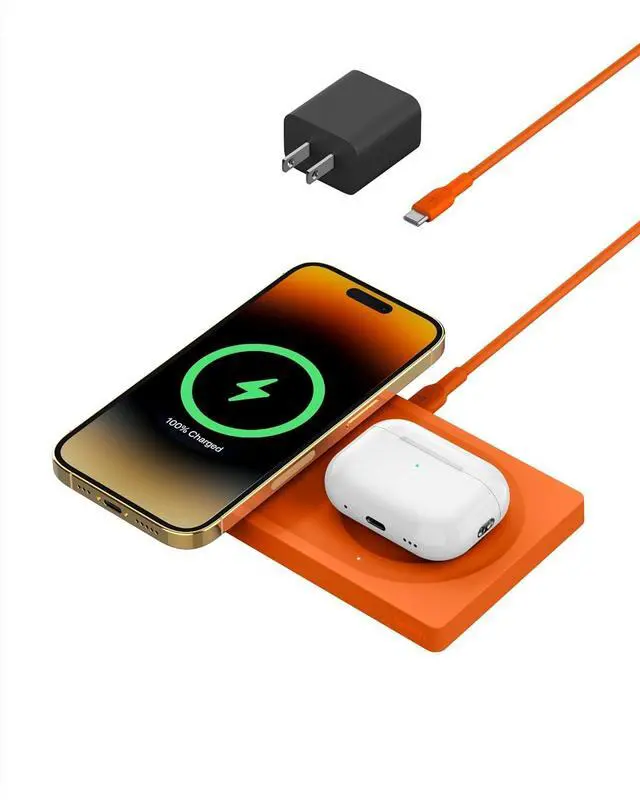 Main image of Belkin MagSafe-Compatible 2-in-1 Wireless Charger 15W, Fast Charging Station for iPhone 16, 15, 14, 13 Series, AirPods, and More - Dual Device Charging Pad - Orange