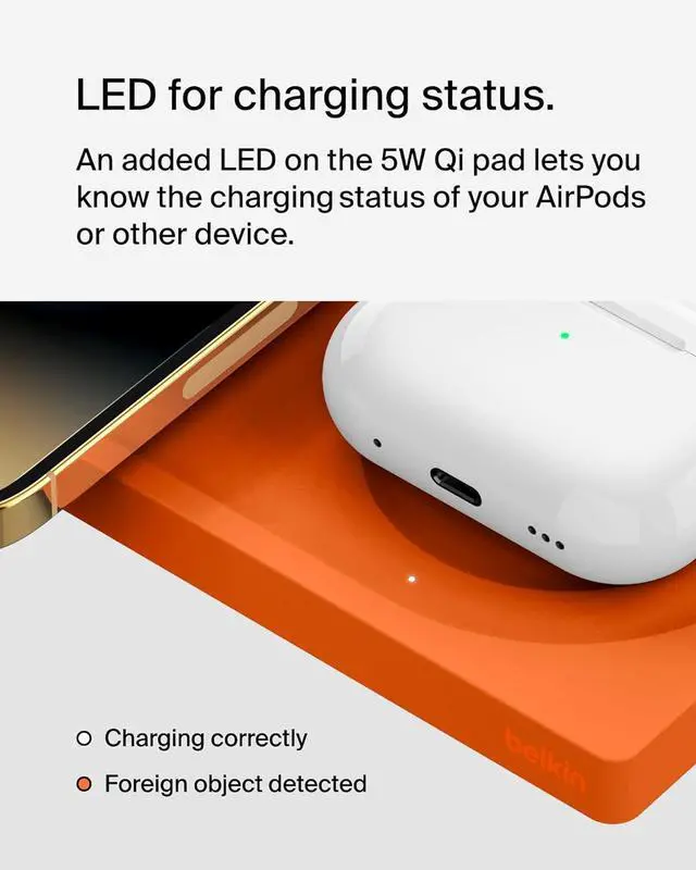 Alt view image 6 of 7 - Belkin MagSafe-Compatible 2-in-1 Wireless Charger 15W, Fast Charging Station for iPhone 16, 15, 14, 13 Series, AirPods, and More - Dual Device Charging Pad - Orange