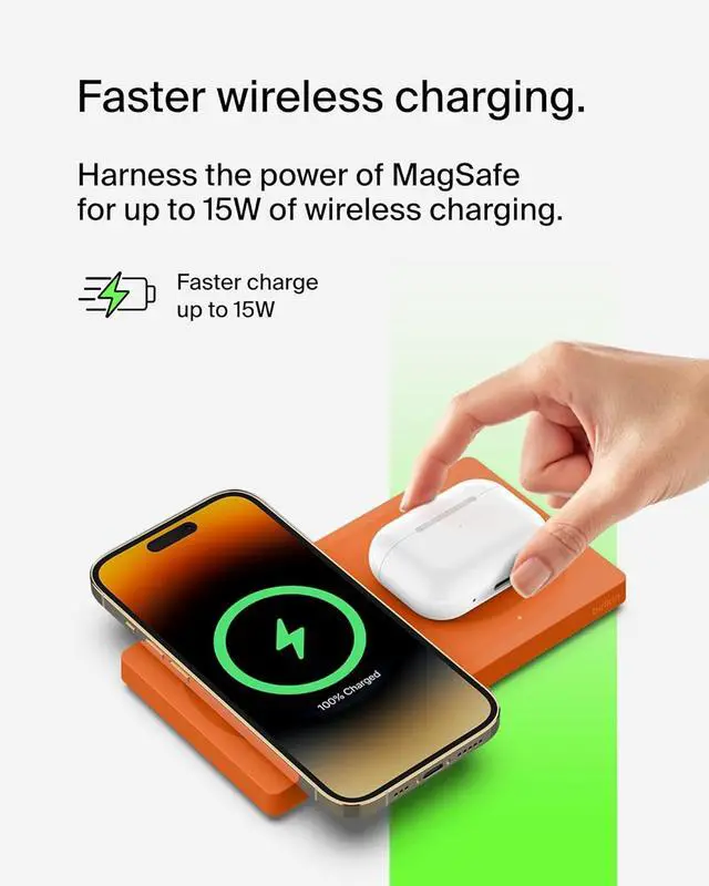 Alt view image 2 of 7 - Belkin MagSafe-Compatible 2-in-1 Wireless Charger 15W, Fast Charging Station for iPhone 16, 15, 14, 13 Series, AirPods, and More - Dual Device Charging Pad - Orange