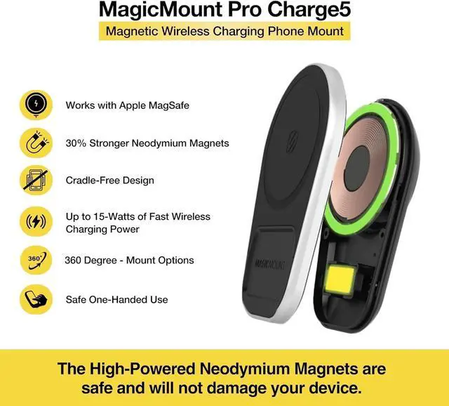 Alt view image 2 of 7 - Scosche MPQ5WD MagicMount Pro Charge5 15W MagSafe Wireless Charging Dashboard/Windshield Phone Mount for Car, Magnetic Phone Holder Compatible with iPhone 12/13/14/15/16/Pro/Pro Max, Galaxy, and More