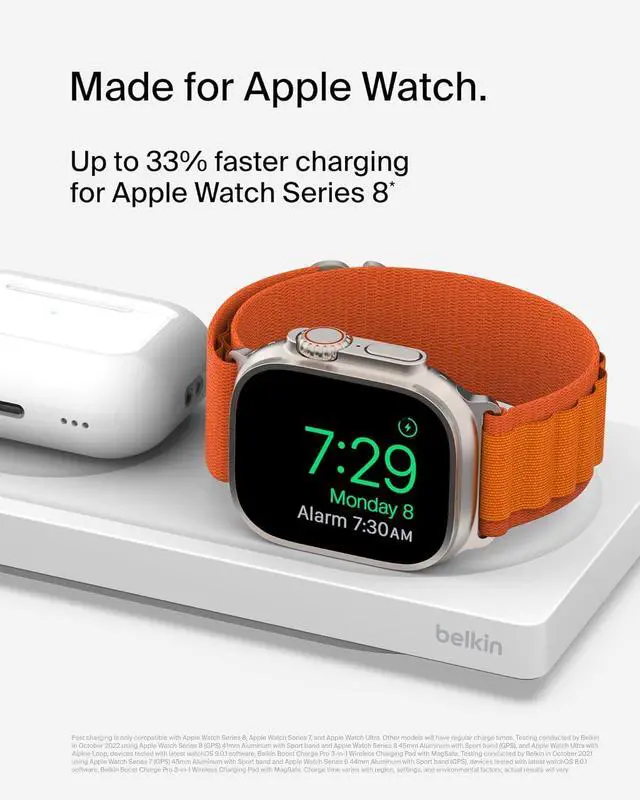 Alt view image 2 of 7 - Belkin MagSafe 3-in-1 Wireless Charging Pad - Fast Wireless Charging for Apple Watch, iPhone 14, iPhone 13 & iPhone 12 Series, and AirPods - MagSafe Charging Station for Multiple Devices - White