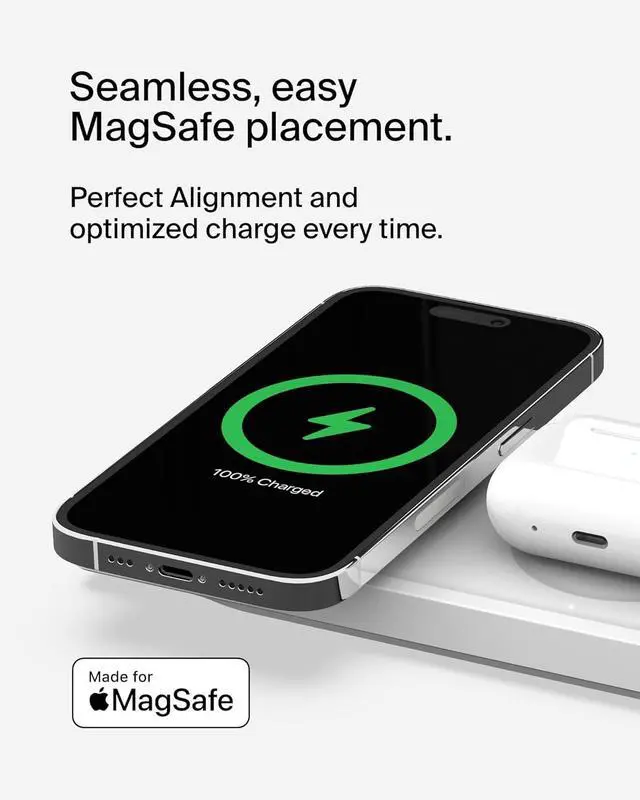 Alt view image 3 of 7 - Belkin MagSafe 3-in-1 Wireless Charging Pad - Fast Wireless Charging for Apple Watch, iPhone 14, iPhone 13 & iPhone 12 Series, and AirPods - MagSafe Charging Station for Multiple Devices - White