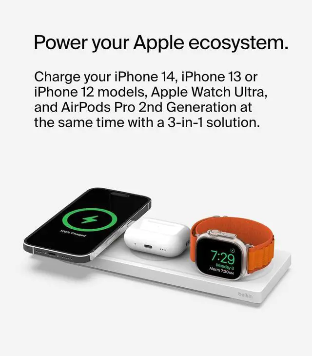 Alt view image 4 of 7 - Belkin MagSafe 3-in-1 Wireless Charging Pad - Fast Wireless Charging for Apple Watch, iPhone 14, iPhone 13 & iPhone 12 Series, and AirPods - MagSafe Charging Station for Multiple Devices - White