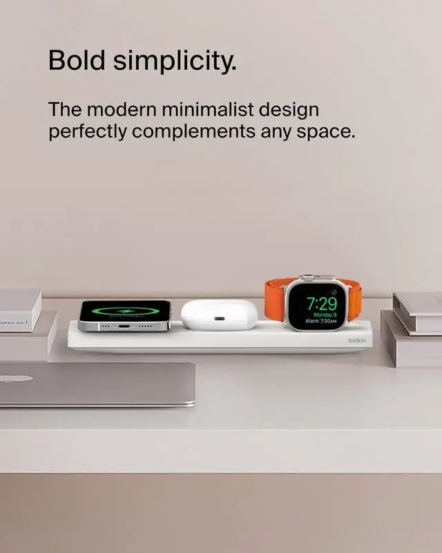 Alt view image 6 of 7 - Belkin MagSafe 3-in-1 Wireless Charging Pad - Fast Wireless Charging for Apple Watch, iPhone 14, iPhone 13 & iPhone 12 Series, and AirPods - MagSafe Charging Station for Multiple Devices - White