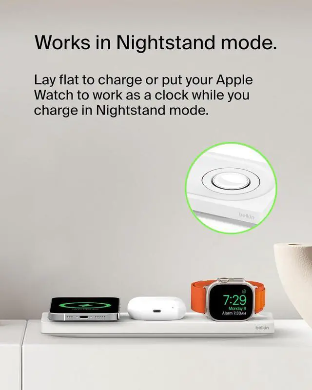 Alt view image 7 of 7 - Belkin MagSafe 3-in-1 Wireless Charging Pad - Fast Wireless Charging for Apple Watch, iPhone 14, iPhone 13 & iPhone 12 Series, and AirPods - MagSafe Charging Station for Multiple Devices - White