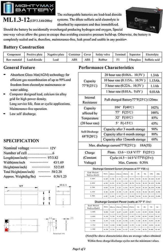 Alt view image 6 of 7 - Mighty Max Battery ML1.3-12 - 12 Volt 1.3 AH, F1 Terminal, Rechargeable SLA AGM Battery
