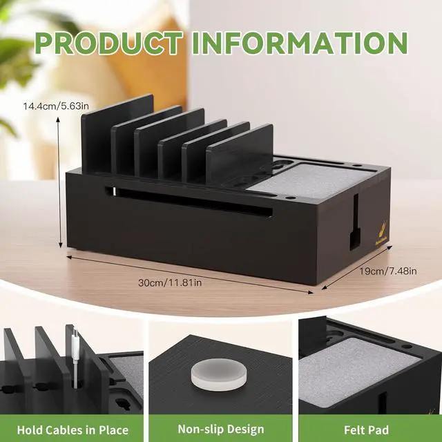 Alt view image 2 of 7 - Pezin & Hulin Bamboo Charging Station for Multiple Devices, Charger Dock with 10-Port USB Charger and 6 Cables, Desktop Devices Organizer for Cell Phone, Tablets and More (Black, Large)