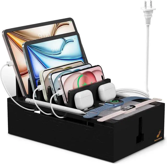 Main image of Pezin & Hulin Bamboo Charging Station for Multiple Devices, Charger Dock with 10-Port USB Charger and 6 Cables, Desktop Devices Organizer for Cell Phone, Tablets and More (Black, Large)