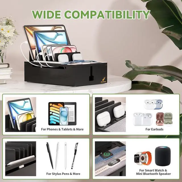 Alt view image 3 of 7 - Pezin & Hulin Bamboo Charging Station for Multiple Devices, Charger Dock with 10-Port USB Charger and 6 Cables, Desktop Devices Organizer for Cell Phone, Tablets and More (Black, Large)