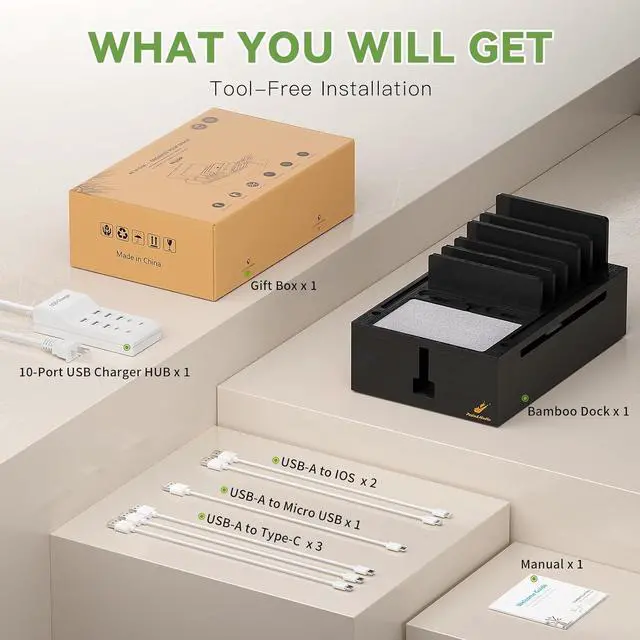 Alt view image 5 of 7 - Pezin & Hulin Bamboo Charging Station for Multiple Devices, Charger Dock with 10-Port USB Charger and 6 Cables, Desktop Devices Organizer for Cell Phone, Tablets and More (Black, Large)