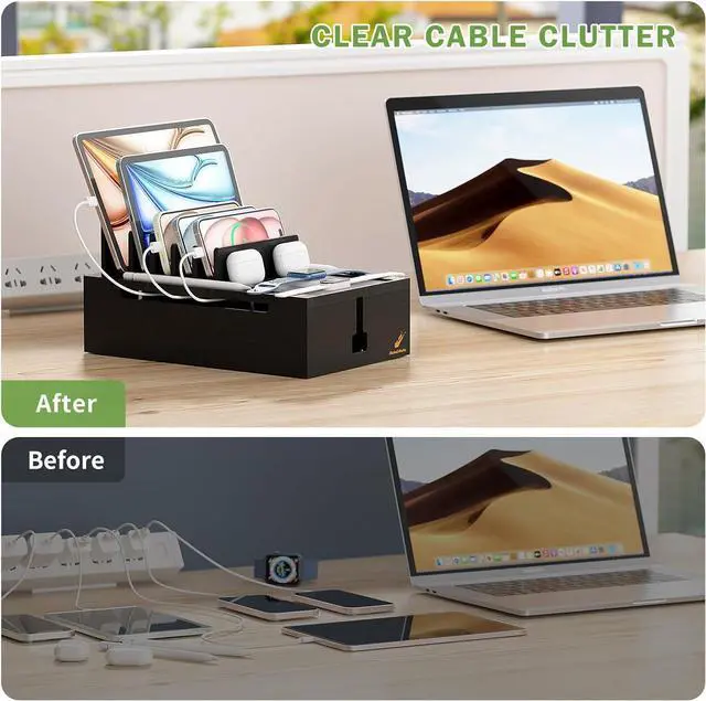 Alt view image 7 of 7 - Pezin & Hulin Bamboo Charging Station for Multiple Devices, Charger Dock with 10-Port USB Charger and 6 Cables, Desktop Devices Organizer for Cell Phone, Tablets and More (Black, Large)