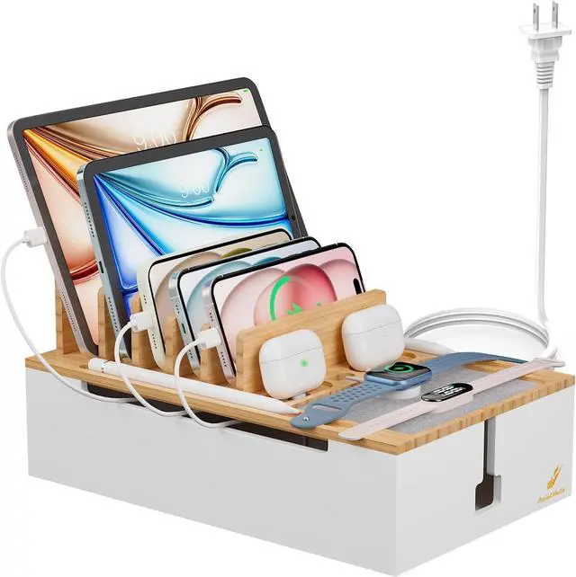 Main image of Pezin & Hulin Bamboo Charing Station, Multi Charger Organizer Phone Docking Station, Large Wire Storage Box and Organizers for Cords Hider (Include 10-Port USB Charger and 6 Cables) -Natural+White