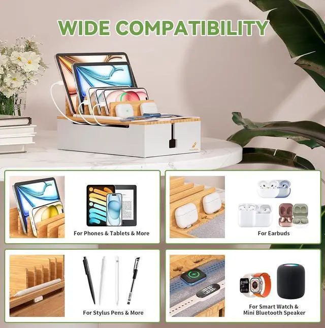 Alt view image 4 of 7 - Pezin & Hulin Bamboo Charing Station, Multi Charger Organizer Phone Docking Station, Large Wire Storage Box and Organizers for Cords Hider (Include 10-Port USB Charger and 6 Cables) -Natural+White